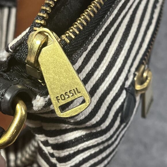 Fossil Crossbody Bag Womens Black White Stripe‎ Canvas Brown Leather Pocket Key - Picture 11 of 16
